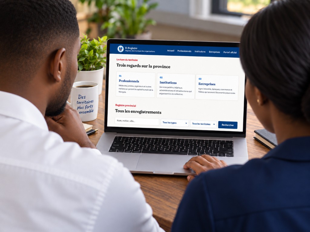 Un homme et une femme consultent l’E-Registre sur un ordinateur